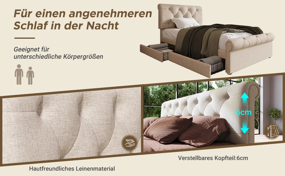 Letto Singolo Imbottito con Cassetti e Testiera Regolabile ¨C MINIMAL ¨C 90x200, Naturale