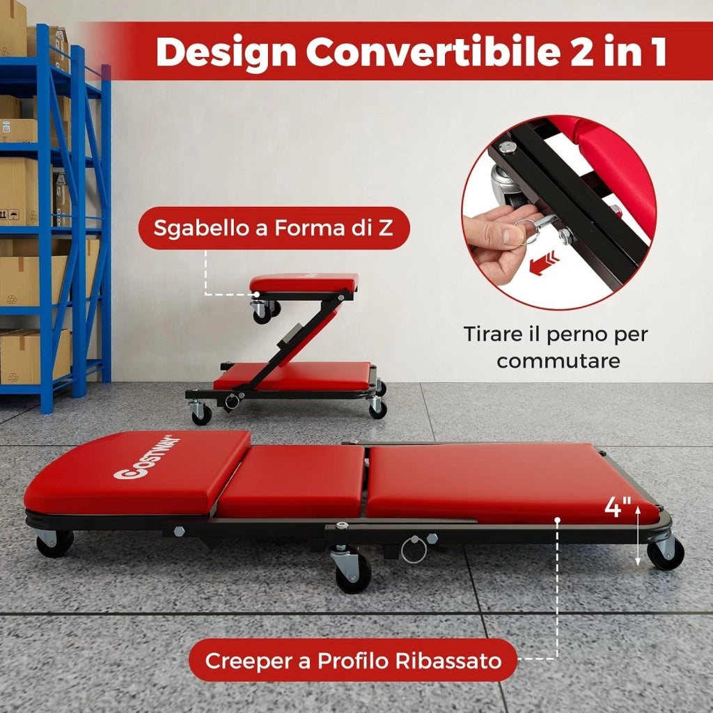 COSTWAY 2 in 1 Sgabello da Officina a Forma di Z, Carrello Meccanico sotto Auto con Sedile Imbottito e Ruote Girevoli a 360°, Portata 150 kg, per Garage e Officina (Rosso)
