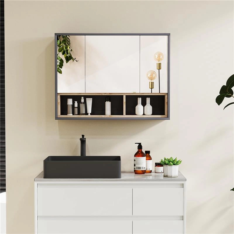 SPECCHIERA BAGNO A 3 ANTE CON ARMADIETTO 8 VANI E ANTE AMMORTIZZATE, 80X20X60 CM, GRIGIO