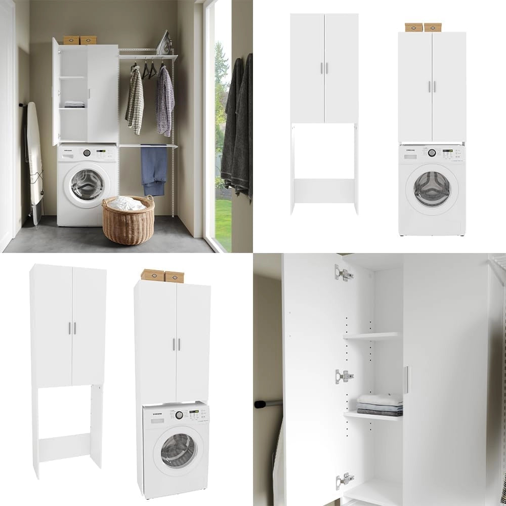 Mobile porta lavatrice Martha, Bianco, 64 x 190 cm con 2 ante lunghe, per la conservazione di detersivi e accessori da bagno
