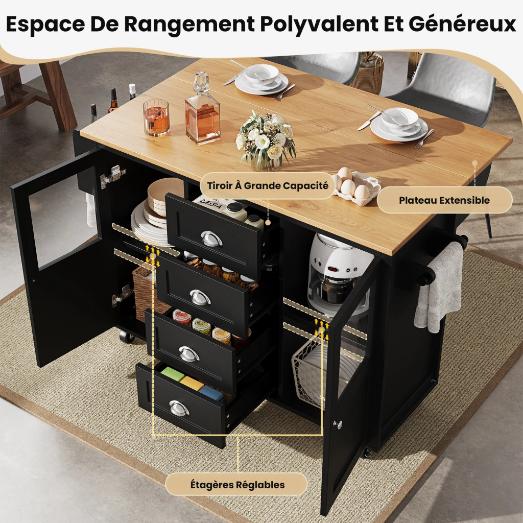 OKWISH Carrello da Cucina con 2 Ante e 4 Cassetti, Piano Pieghevole, Portaasciugamani, per Cucina, Nero
