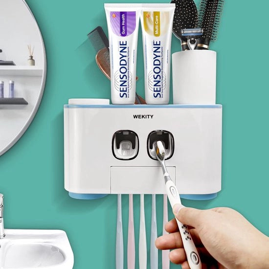 Tandpastadispenser e Tandborstelhouder per Parete, Set per Bambini e Adulti, 2 Dispensatori di Pasta Dentale Automatici con 5 Alloggi per Spazzola e 4 Boccali, Senza Foratura.