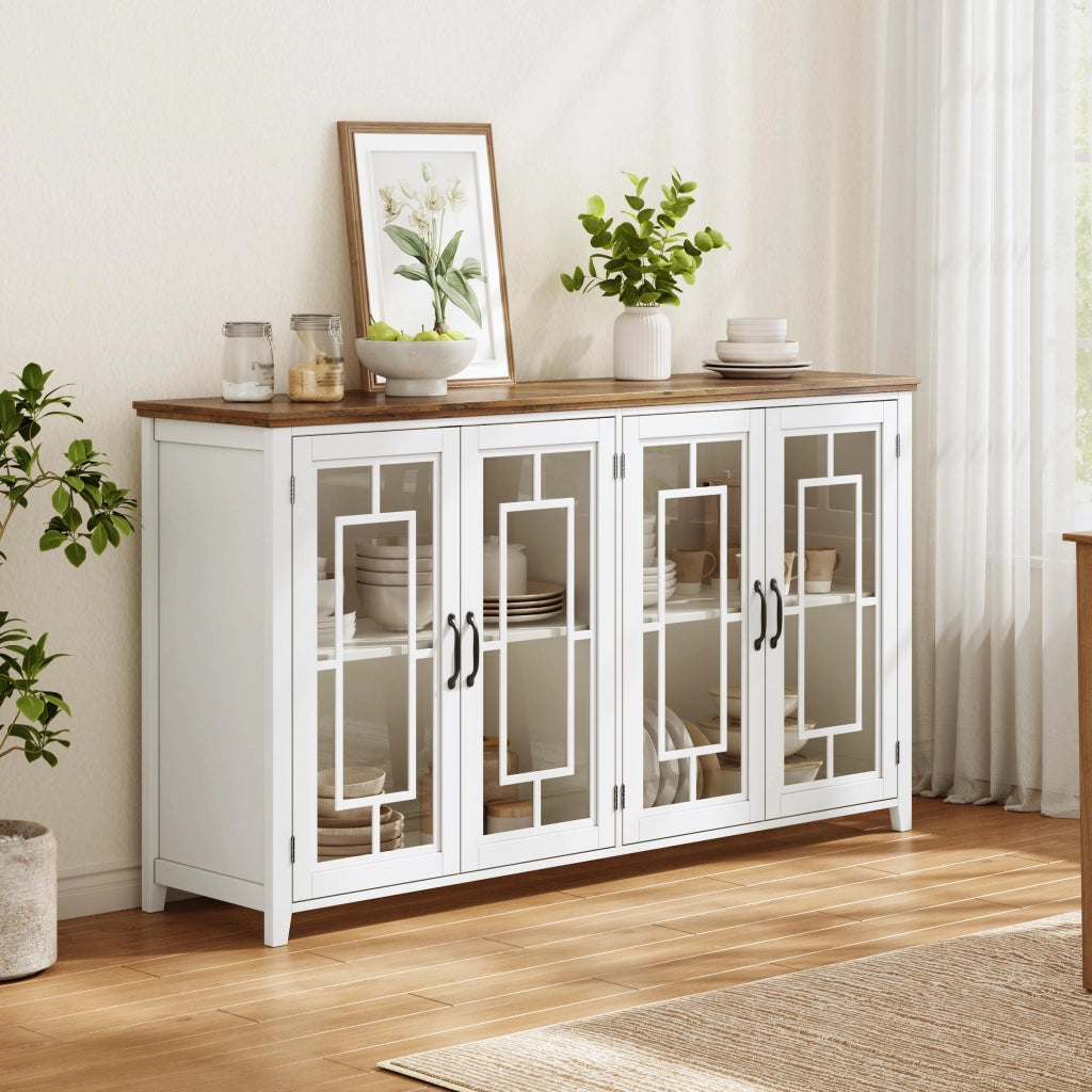 Credenza con 2 ante in vetro e 2 vani contenitore, piano effetto legno per cucina e soggiorno, bianca 160 × 40 × 86 cm