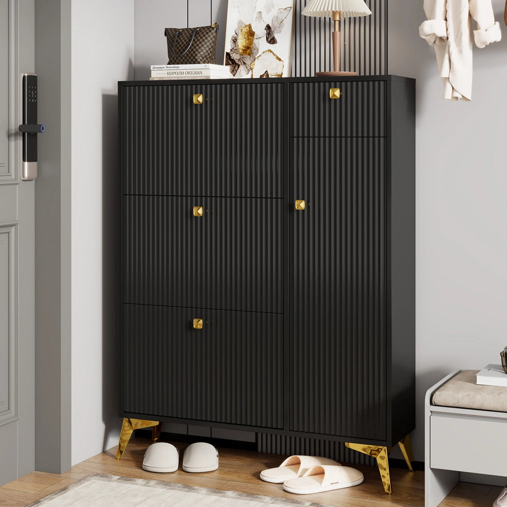 Scarpiera moderna stretta con 3 ante ribaltabili, 1 cassetto e 1 sportello, colore nero, 90 x 25 x 121 cm
