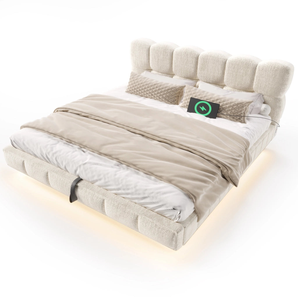 Letto imbottito 140x190 cm con contenitore idraulico, LED, USB e Type-C beige