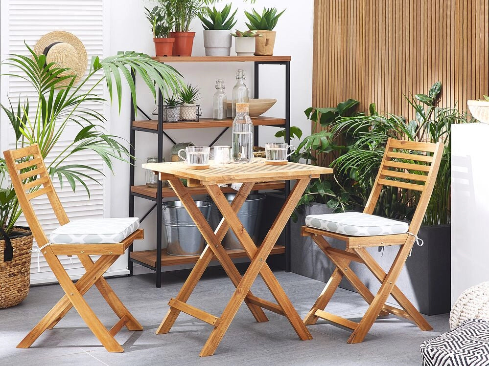 Set da bistrot 3 pezzi in legno massello di acacia chiaro cuscini verde menta pieghevole a doghe design scandinavo moderno