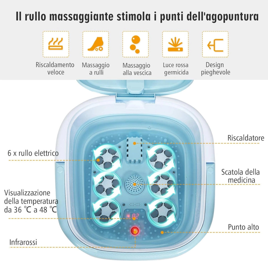 Massaggiatore Plantare Massaggiatore Piedi Elettrico, Massaggia Piedi Portatile, con Funzione Calore Bolle e Rulli Elettronici, Pieghevole Salvaspazio (Blu)