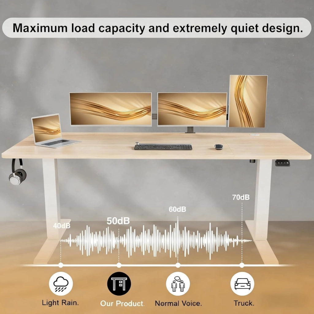 Scrivania regolabile in altezza, 140 x 60 cm, con vaschetta per cavi, altezza elettrica, stabile, scrivania per computer, memoria a 2 funzioni, seduta ergonomica in acero