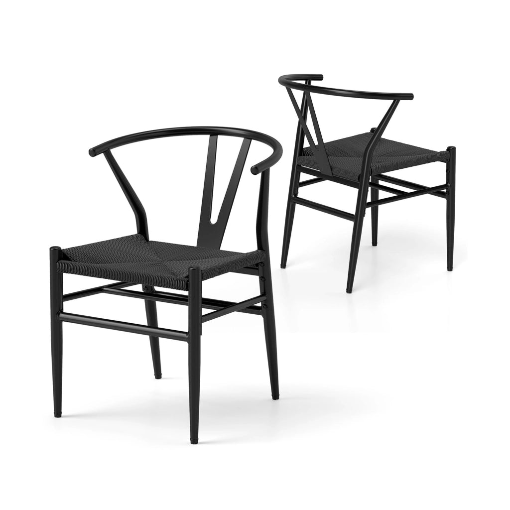 Sedie da cucina con schienale a forma di Y e cuscino in rattan intrecciato, Sedie d'accento impilabili Nero-Sedie da pranzo