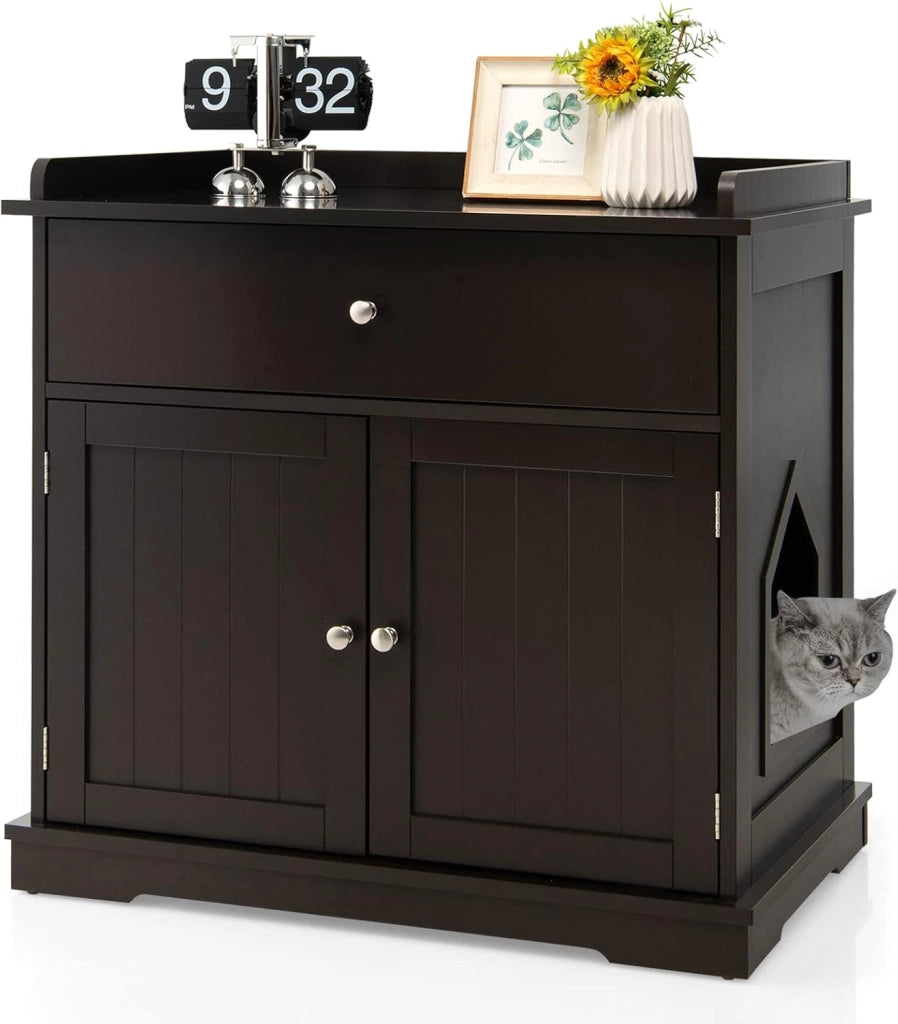 Mobile per Lettiera Gatti in Legno, con Portaoggetti, 2 Ante, Cassetto e Ingresso Laterale, Mobiletto Multiuso per Ingresso e Soggiorno, 76 x 53 x 74 cm, Carico Massimo 30 kg (Bianco)