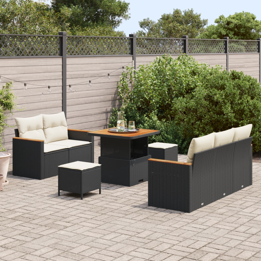 Set Divano da Giardino 8 Pezzi con Cuscini Nero Polyrattan Acacia