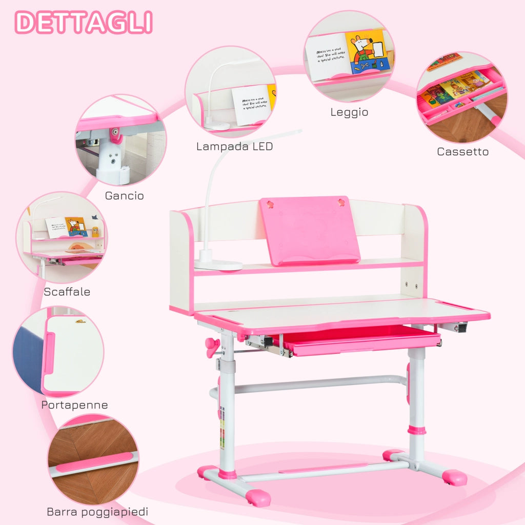 Scrivania Bambini Regolabile con Luce LED e Leggio ¨C zephmum ¨C Rosa, MDF, PP, Acciaio