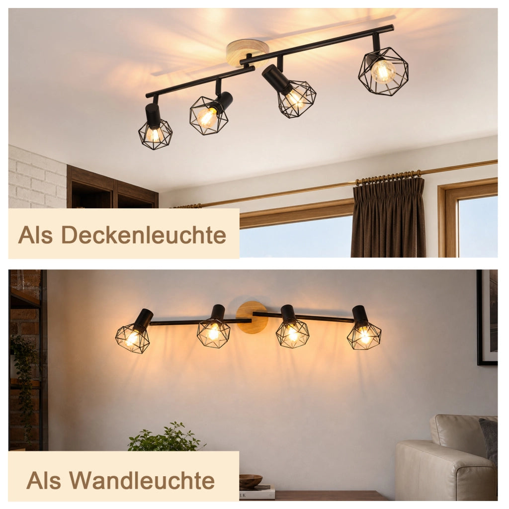 ZMH Faretto da soffitto 4 Luci Nero Legno E14 Vintage Industriale Orientabile 350¡ã per Cucina Soggiorno Senza Lampadina