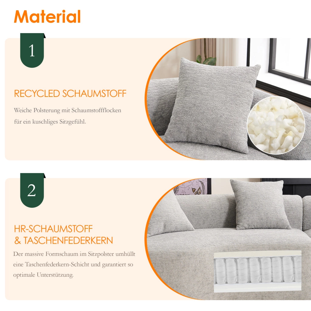 Divano angolare modulare 4 posti in ciniglia con design curvo e seduta ampia, per salotto, grigio 275 × 115 × 63 cm