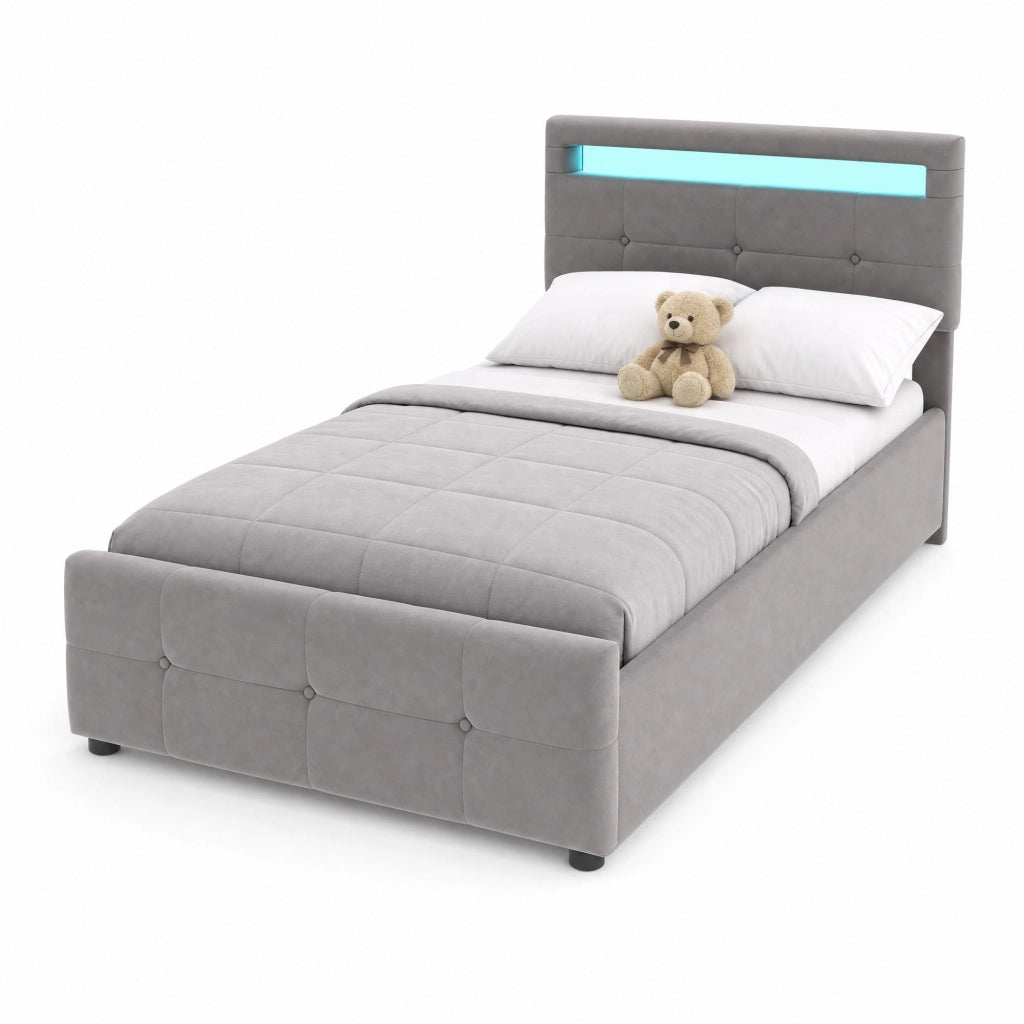 Letto imbottito singolo 90x200 cm con LED; contenitore idraulico e testiera regolabile; velluto grigio