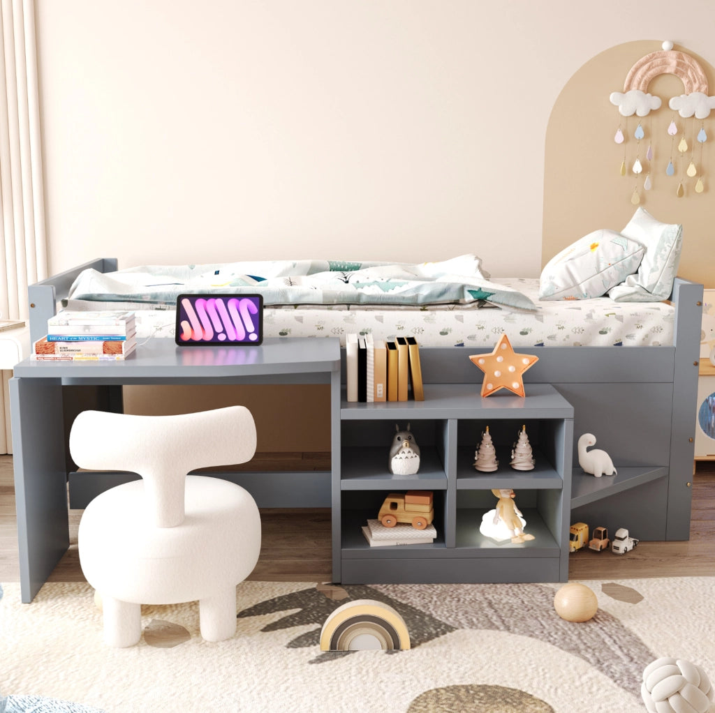Letto per bambini 90x200 cm con scrivania; vani contenitore; USB e presa; grigio
