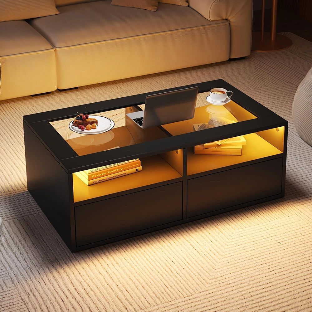 Tavolino LED - Xylo - 100x50cm vetro 2 cassetti nero