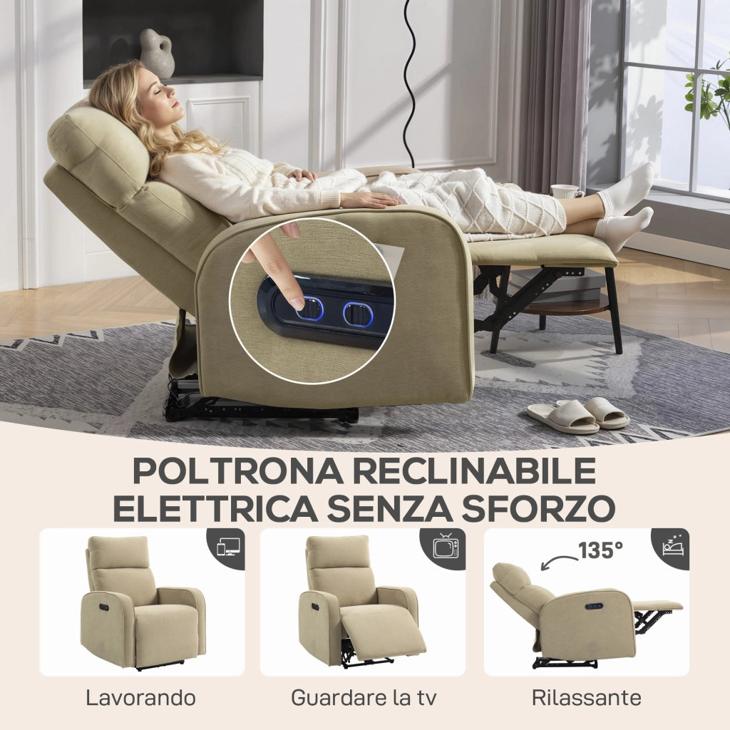 Poltrona Reclinabile Elettrica in Ciniglia con Poggiapiedi, Poggiatesta Regolabile e Prese, 80x93x103 cm, Beige