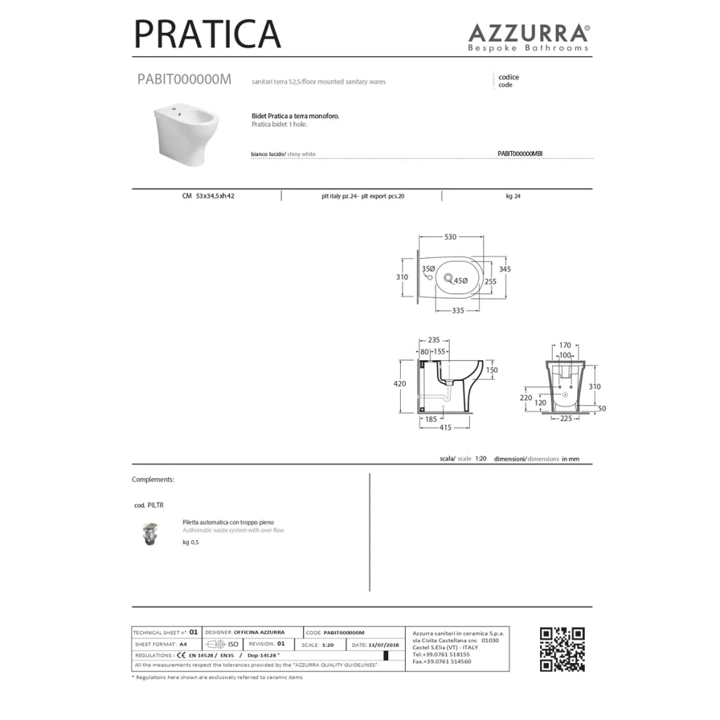 Bidet a Terra Azzurra Ceramica "Pratica" Bianco Lucido