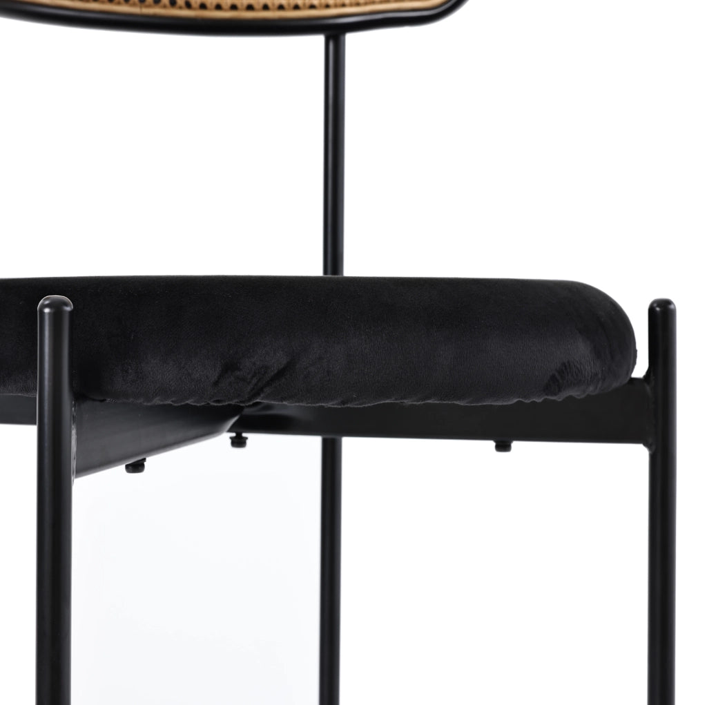 Sedia da pranzo in velluto nero con schienale effetto rattan; gambe in metallo; set da 6
