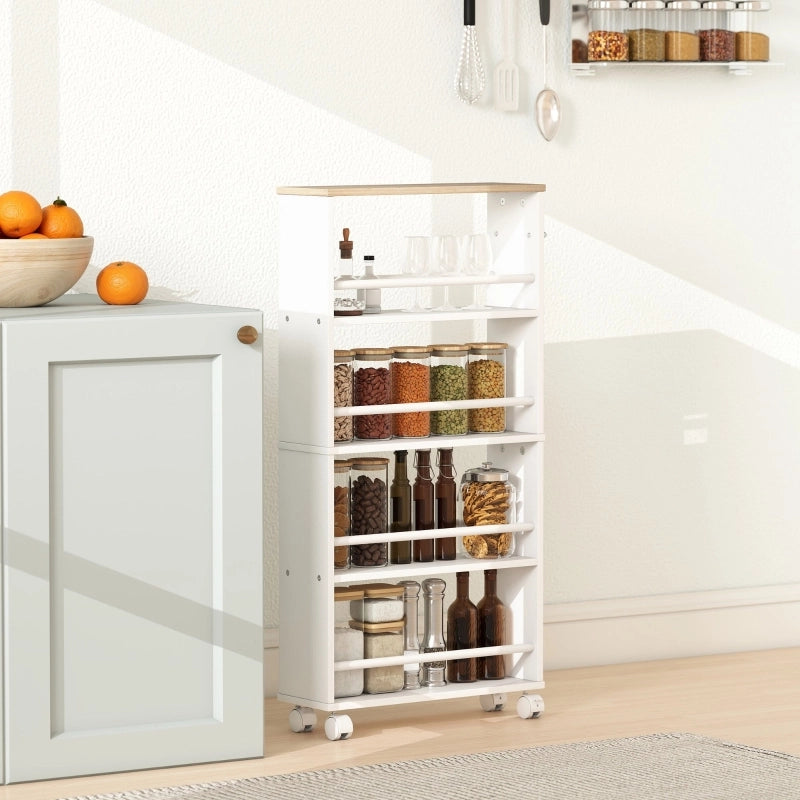 Scaffale multifunzionale con rotelle, design stretto, 4 scomparti, 45x15x91 cm, naturale