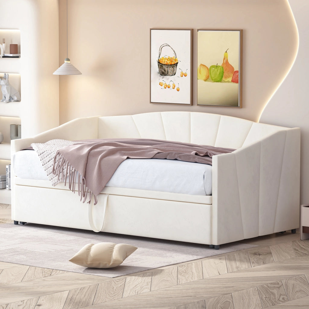 OKWISH Letto a Divano Estraibile 90×200 cm e 180×200 cm, Letto Singolo con Rete Estraibile e Braccioli, senza Materasso, Beige