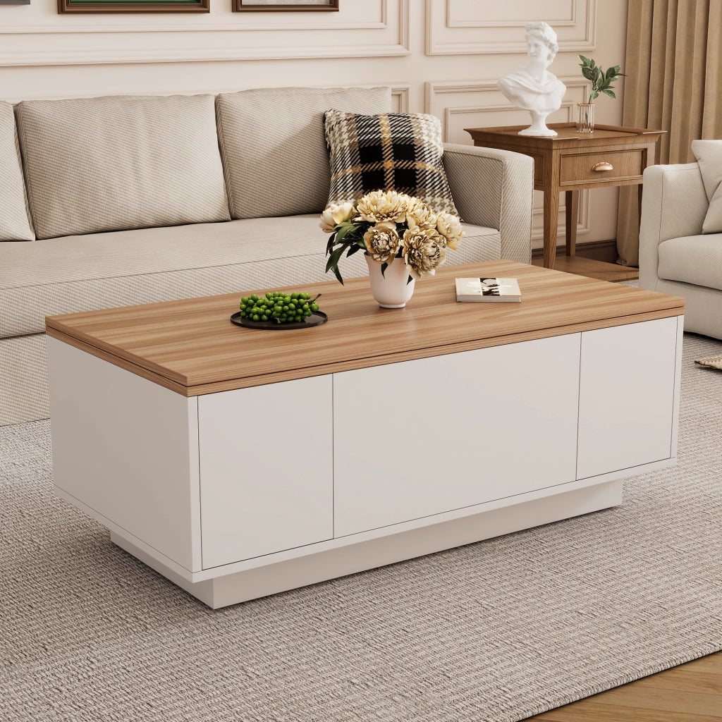 Tavolino da caffè 100x50x55.5 cm; doppio piano sollevabile con vano nascosto; pannello truciolare bianco