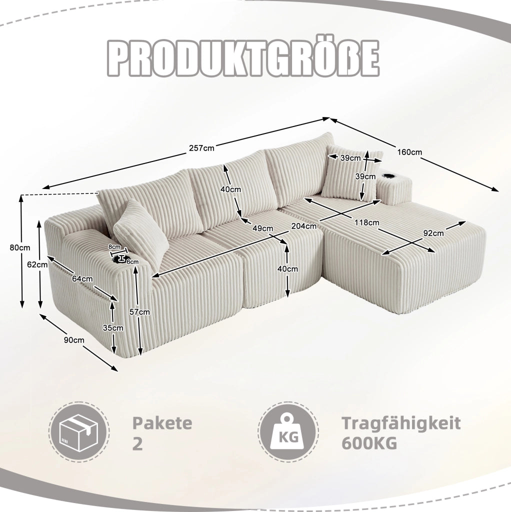 Divano modulare in velluto a coste beige con chaise longue