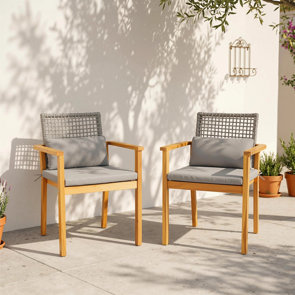 Set 2 Sedie da Giardino in Legno di Acacia con Cuscini, Legno Naturale