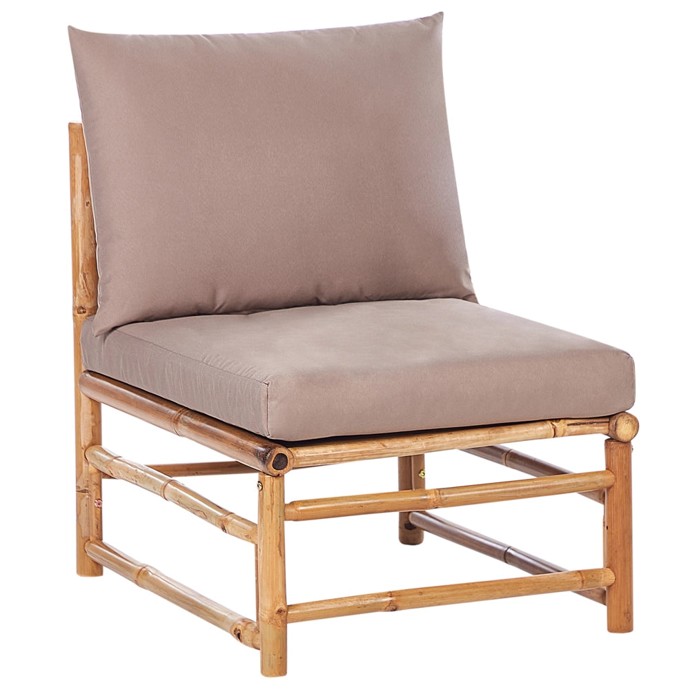 Set da giardino modulare con divano a 3 post 2 poltrone e tavolino in bambù naturale con cuscini tortora esterno elegante