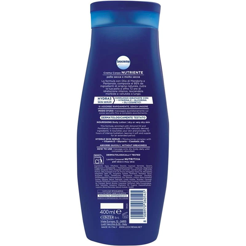 LEOCREMA CREMA CORPO NUTRIENTE 72H DI IDRATAZIONE INTENSA CON OLIO DI MANDORLA E PANTENOLO NATURALE PER PELLE SECCA O MOLTO SECCA 400 ML