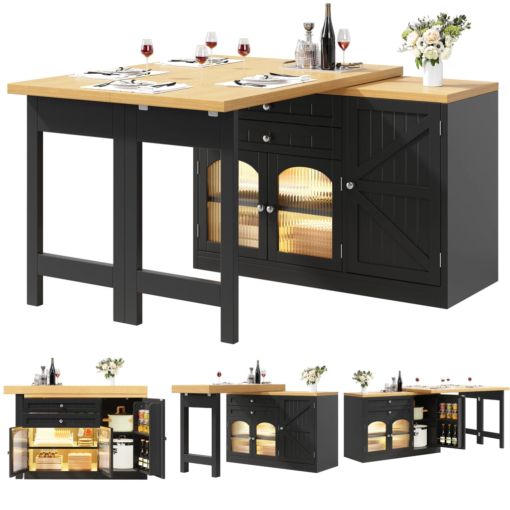 Mobile cucina multifunzionale con piano girevole ed estensibile; 2 cassetti; ante in vetro e ripiani; per sala da pranzo; nero; 120 × 40 × 73.5 cm