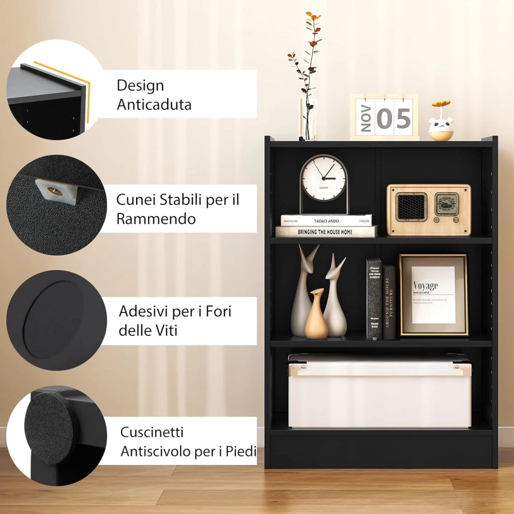 Libreria a 3 Piani, Scaffale Multifunzionale con Ripiani Regolabili e Dispositivo Antiribaltamento, per Soggiorno, Camera da Letto, Studio, 50 x 30 x 75 cm (Nero)