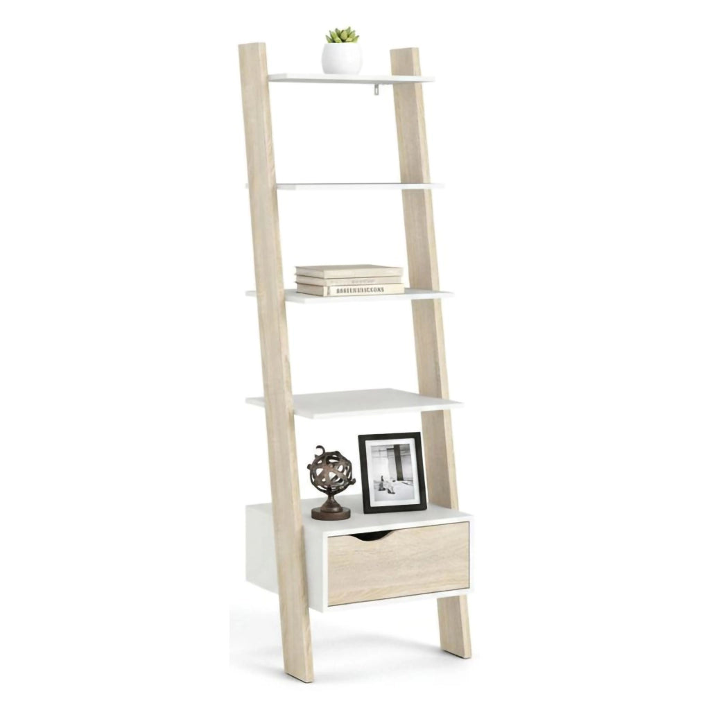Libreria con un cassetto e quattro Acascia, colore bianco e rovere, cm 55 x 180 x 48.