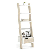 Libreria con un cassetto e quattro Acascia, colore bianco e rovere, cm 55 x 180 x 48.