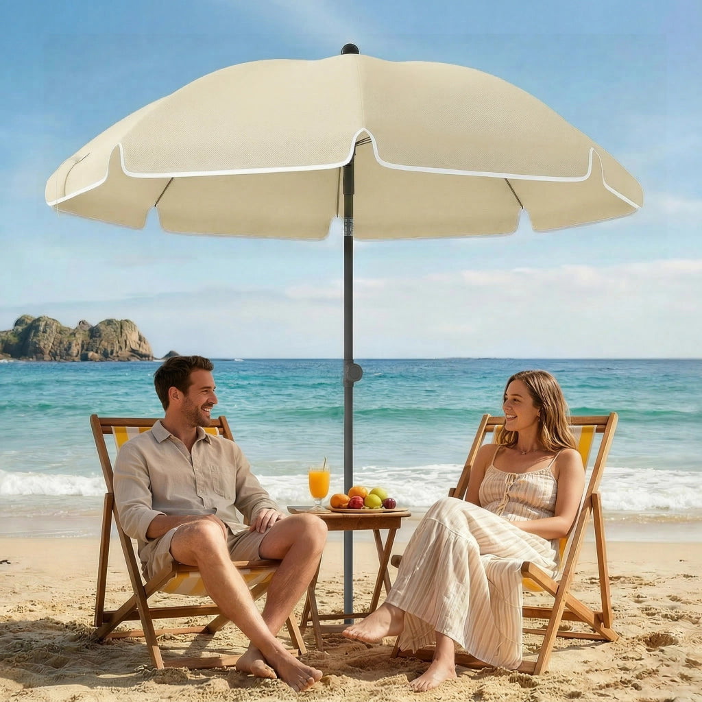 Ombrellone da spiaggia pieghevole idropellente ?150 cm con ancoraggio di sabbia regolabile e inclinazione Beige