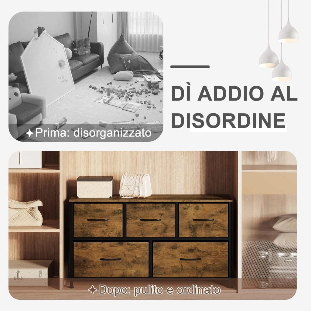 Cassettiera Camera da Letto, Cassettiera con 5 Cassetti a 2 Livelli in Tessuto, Mobile con Cassetti Industriale, Struttura in Metallo e Legno, Marrone Rustico, 100x30x54cm, SSK005hov