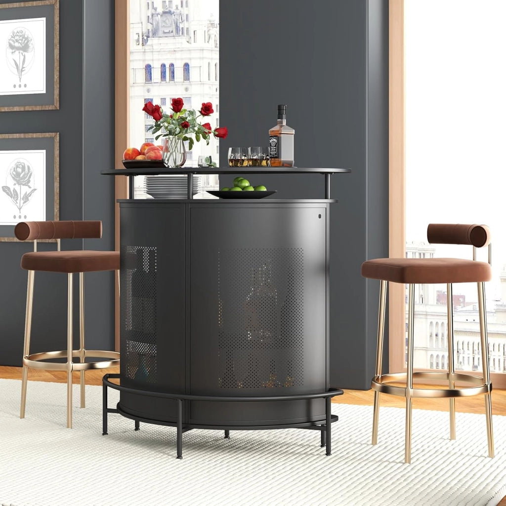 Mobile da bar con ripiani e 3 file di portabicchieri, tavolo da bar curvo con parte anteriore in rete e poggiapiedi in metallo, 6 gambe regolabili, 110,5 x 48 x 112,5 cm, credenza per cucina