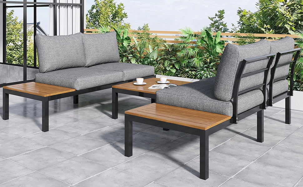 Set salotto giardino: 2 Divanooi 2 posti + 2 tavolini + 1 tavolo; piano acacia; cuscini tessuto; grigio