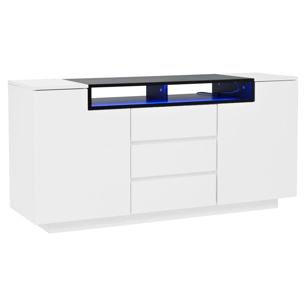 Credenza e madia con 2 ante, 3 cassetti, vani aperti e LED, per soggiorno, bianco e nero 140 × 40 × 68 cm