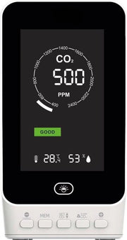 Misuratore di CO2 - Misuratore di CO2 per interni - Misuratore di qualità dell'aria - Misuratore di diossido di carbonio - Portata fino a 5000ppm - Ricaricabile - Bianco - Misuratore di CO2 intelligente - Incluso allarme per soglia superiore e inferiore