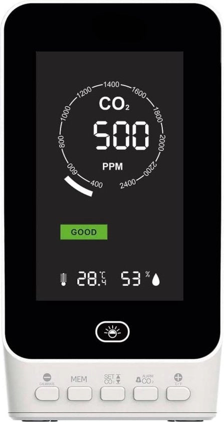Misuratore di CO2 - Misuratore di CO2 per interni - Misuratore di qualità dell'aria - Misuratore di diossido di carbonio - Portata fino a 5000ppm - Ricaricabile - Bianco - Misuratore di CO2 intelligente - Incluso allarme per soglia superiore e inferiore