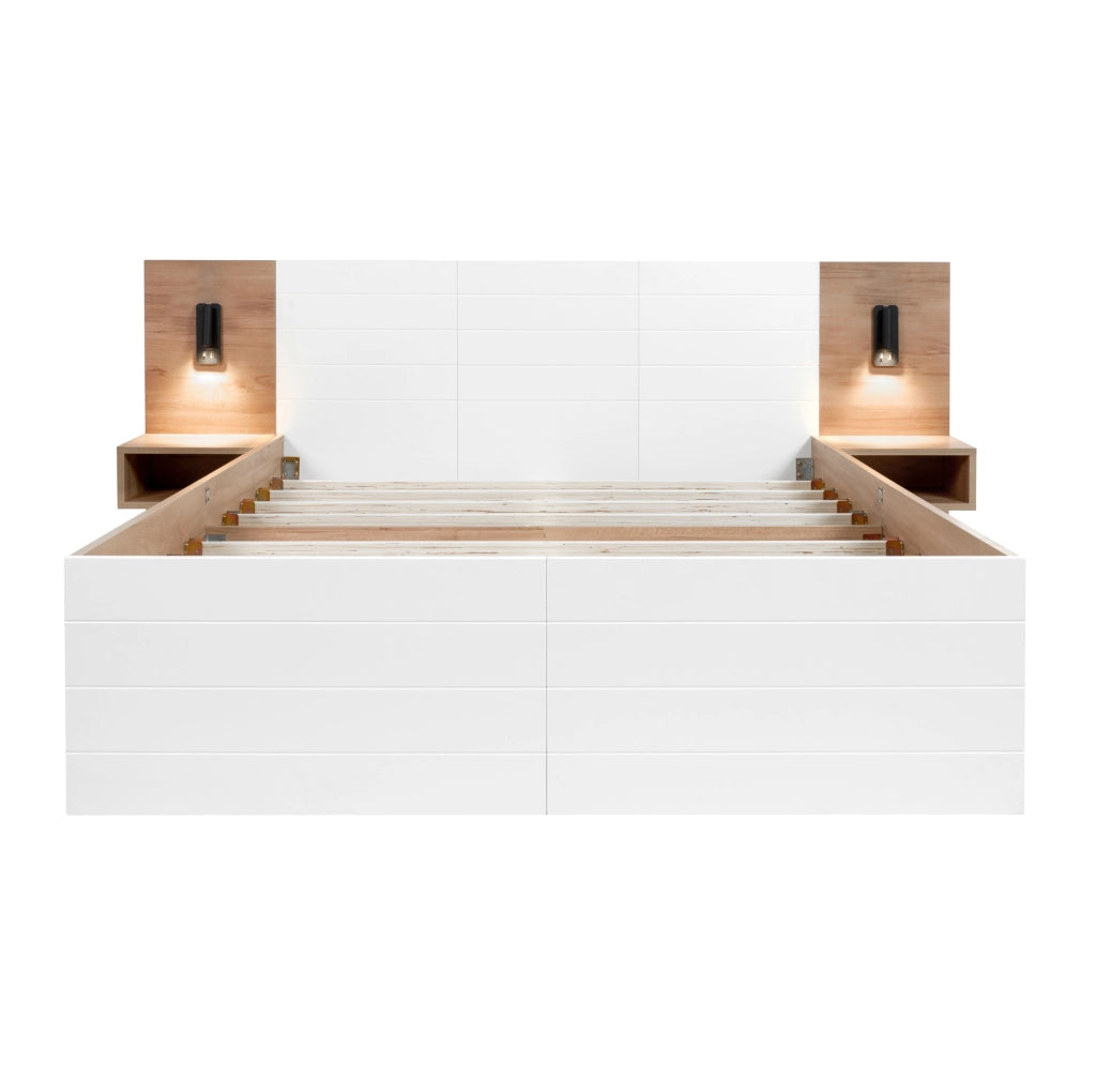 Letto matrimoniale 160x200 cm con lampada da lettura; USB; 2 cassetti; bianco e rovere chiaro; con materasso
