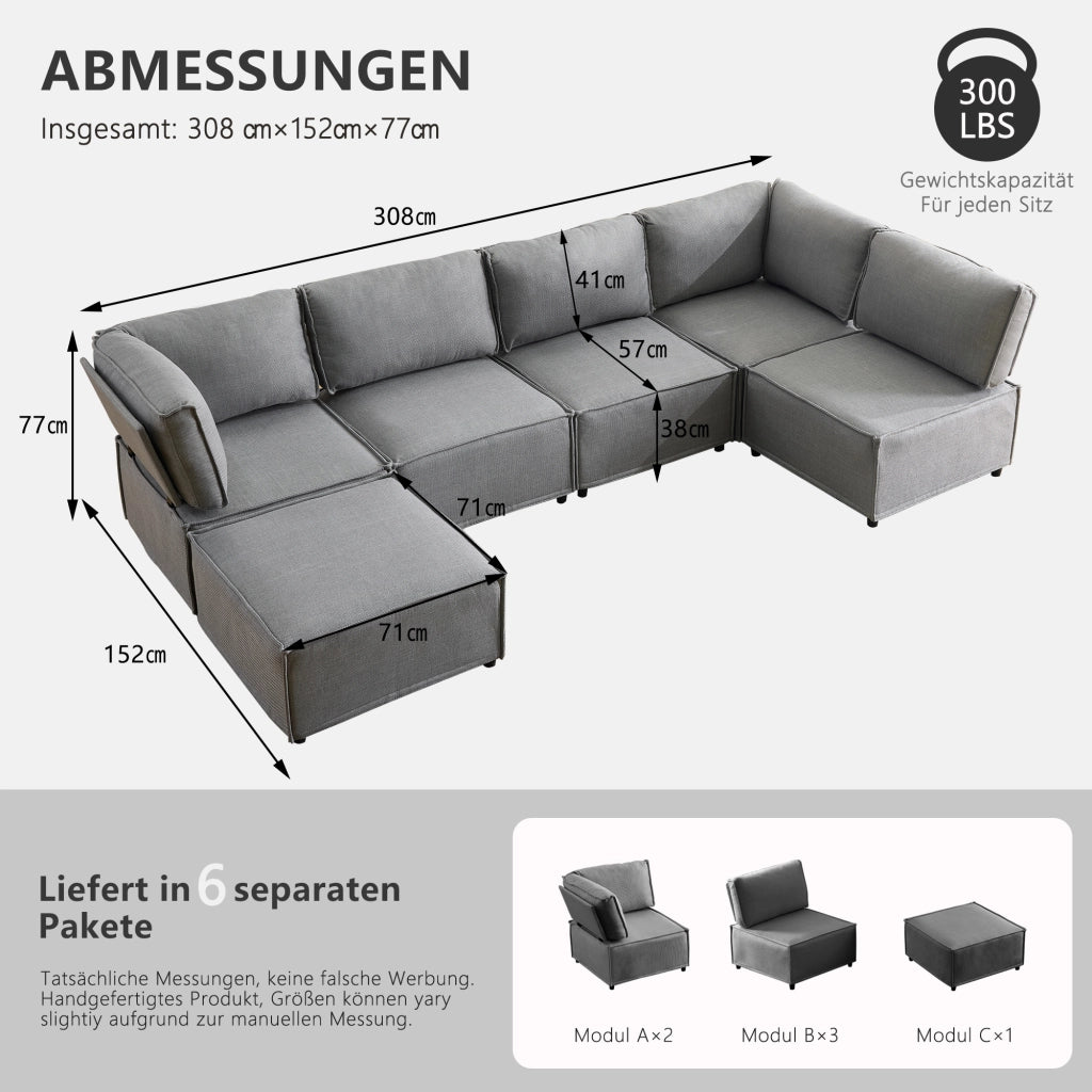 Divano modulare con funzione letto e seduta confortevole in tessuto grigio chiaro 308 × 152 × 77 cm