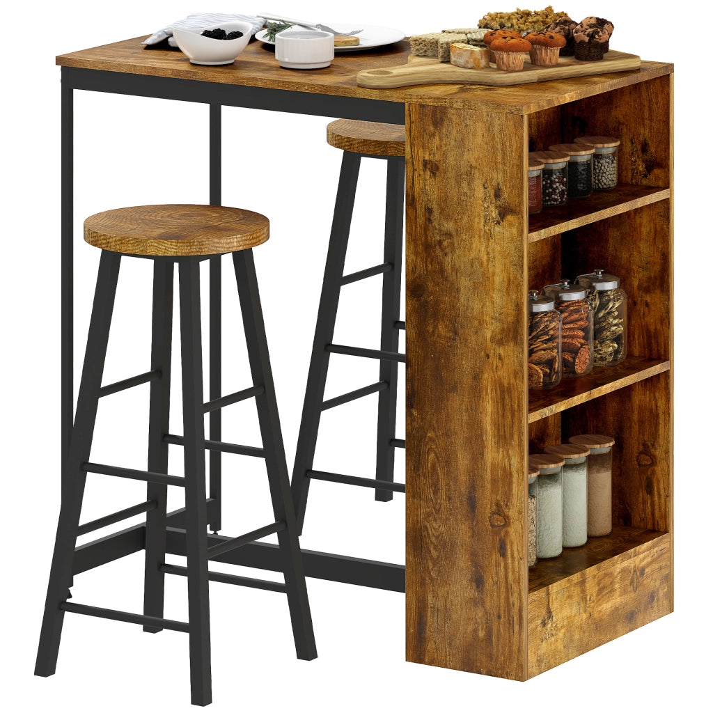 Set da pranzo con bancone bar ¨C zephmum ¨C 3 ripiani, 2 sgabelli alti, stile industriale, marrone