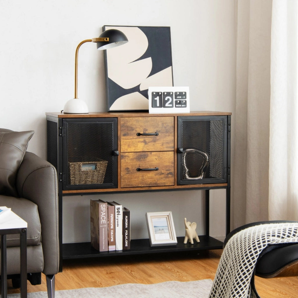 Credenza industriale con 2 armadietti 2 cassetti ripiano inferiore-Tavolino versatile per salone cucina Marrone