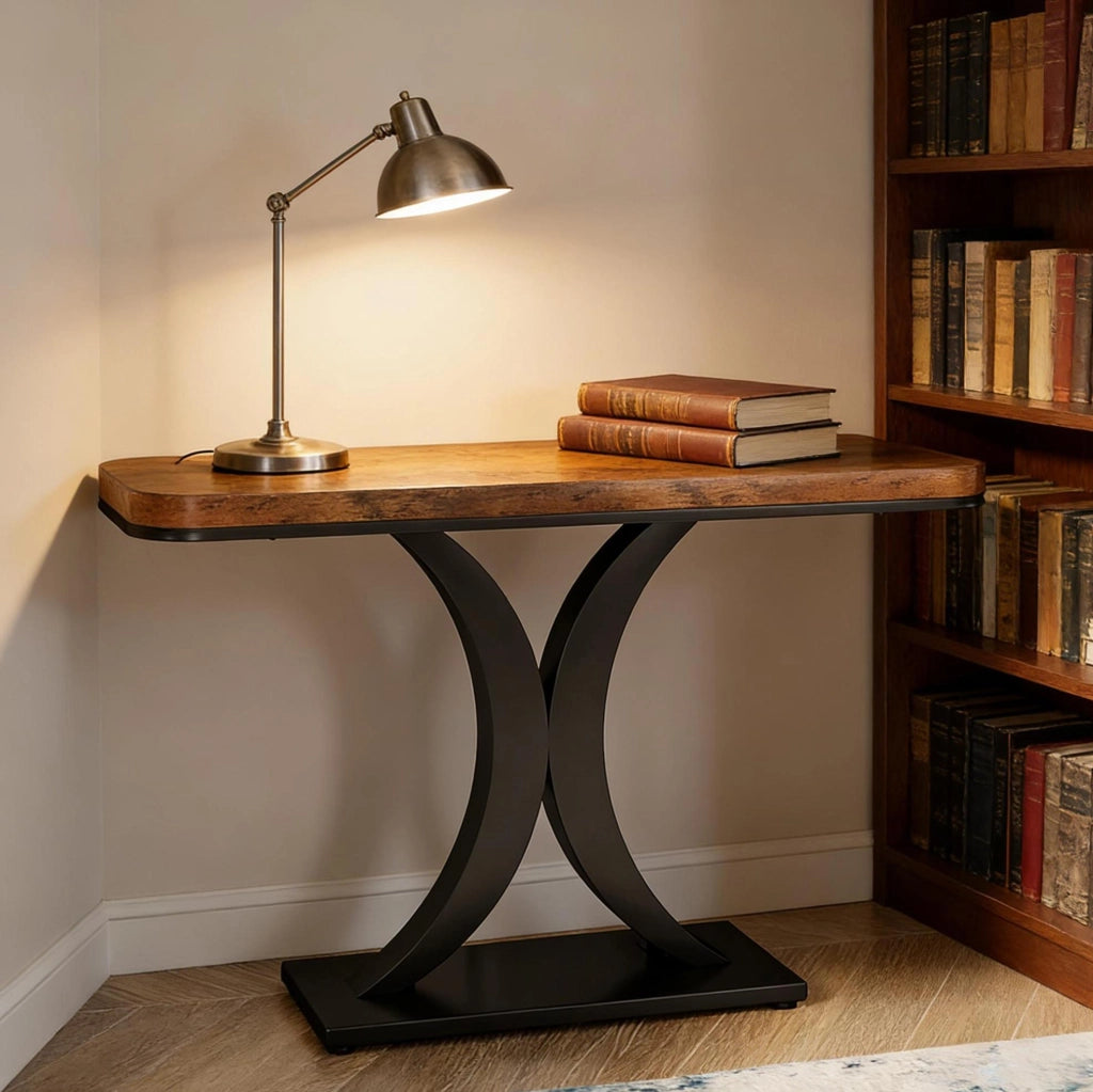 Tavolo consolle industriale 100 x 29;5 cm in metallo e legno nero e marrone rustico