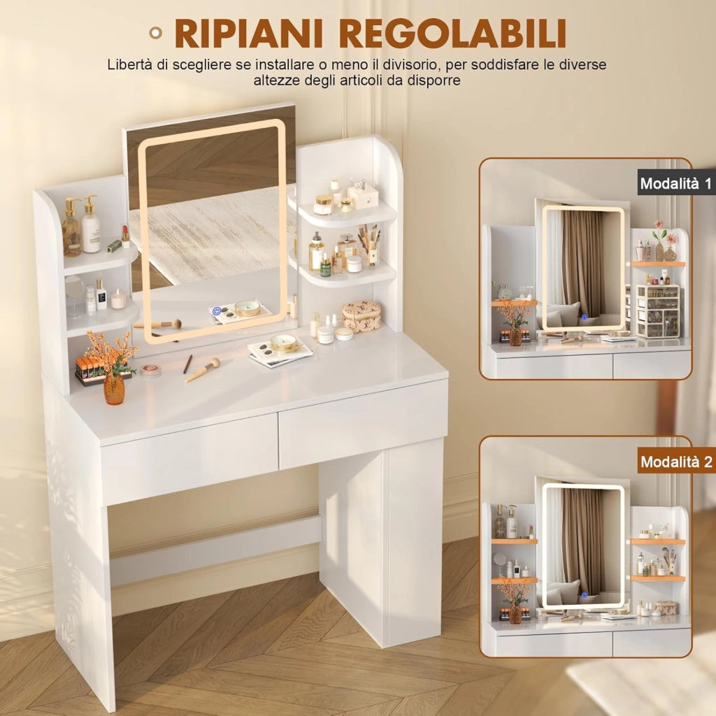 Toeletta Trucco con Luci LED 3 con Luminosità Regolabile,Tavolo da Trucco con Specchio, Ripiani Regolabili, 2 Cassetti, in Legno,Moderno (Bianco, 90cm)