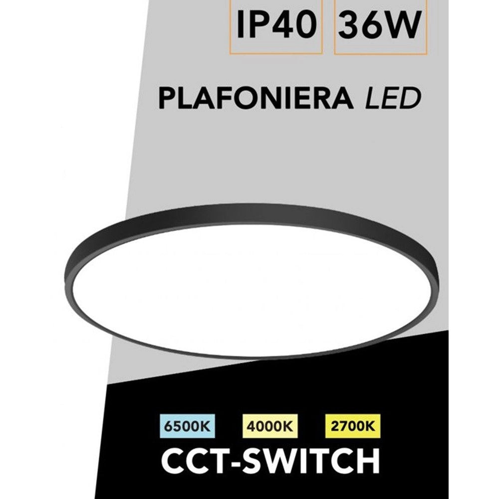 Trade Shop - Plafoniera A Led Slim 36w Ip40 Con Tecnologia Cct Da 6500k A 2700k Con Switch Lv480-3c - Nero