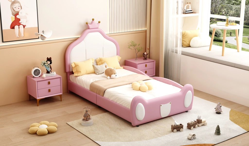 Letto imbottito per bambini 90x200 cm in similpelle rosa e bianco con testiera decorata a coronamento
